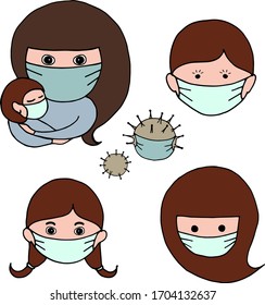 Vector image of a woman with a baby in her arms and another two children in medical masks drawn manually.