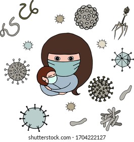 Vector image of a woman with a baby in her arms in medical masks with viruses and bacteria around.