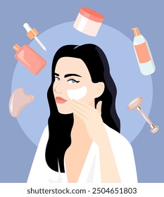 Vector Imagen de una mujer con el pelo negro que se pone una máscara en la cara. A su alrededor hay varios productos para el cuidado de la piel, crema, una botella de tónico, con suero, un masajeador de jade, un rodillo para la cara