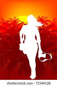 Vector image woman with a camera on a background of tropical forest