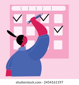 Vector Imagen de la mujer que comprueba las tareas completadas en el tablero del planificador del proyecto