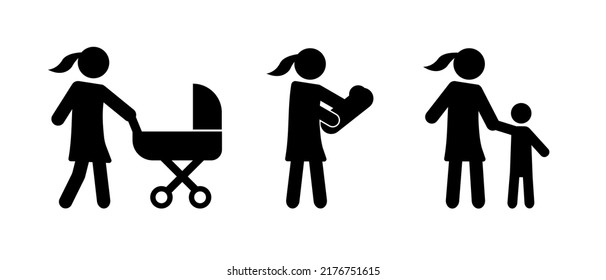 Vector image of a woman with a child. A child in a stroller and a child holding his mother's hand