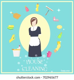 Vector image of woman and cleaning tools