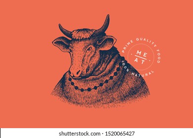 Vector image of a woman cow in a dress in an engraving technique on a red background. Template for a logo, emblem in retro style for the meat market. Top quality meat products. Vintage illustration.