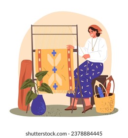 Vector image of woman doing carpet production. Illustration of female near rug. Rugmaker manufacturing persian and turkey yarn. Weaver at loom. Character and textile machine. Decoration craft theme