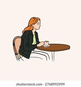 vector image of a woman drinking coffee in a cafe alone