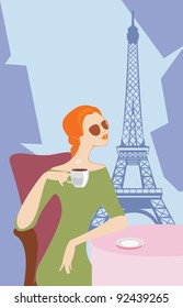 vector image of woman drinking coffee in cafe in Paris near Eiffel Tower