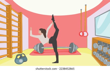 Vector image of woman exercising before starting sports in gym