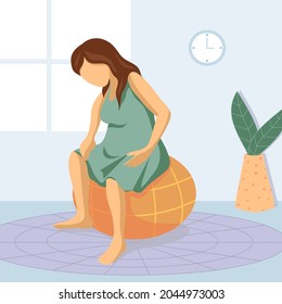 Vector image of a woman giving birth in a comfortable position for childbirth on a fitball. It is made in a flat style, suitable for posters and advertisements about reproductive health.