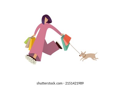 Vector image, a woman has made a lot of purchases and is walking with a dog.