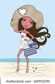 Vector image of the woman in a hat and white dress 