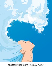 Vector image of a woman and her hair is an ocean wave