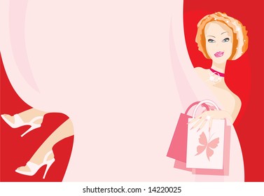 vector image of woman with ironical smile. good use like background. there is blank area on curtain for your info