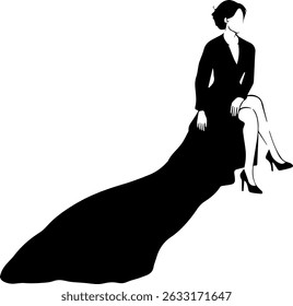 Vector image of a woman in a long black evening dress sitting on a chair. Illustration. Isolated on white background