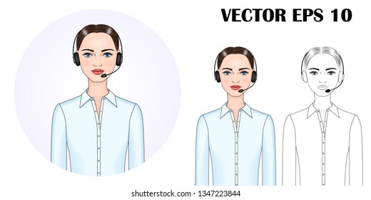 Vector image of a woman (manager, assistant, lecturer, trainer, online consultant, call center specialist) in headphones with a microphone. EPS 10.
