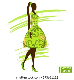 Vector Image. Woman model in a green dress.