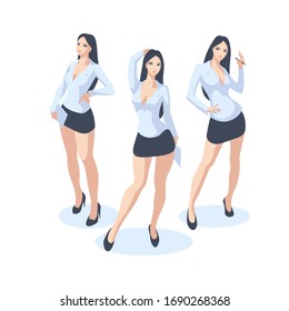 Vector image of a woman in office clothing. Elegant lady in office dress code. Businesswoman, secretary or assistant poses with attractive legs. Female worker in a blouse and a short skirt.