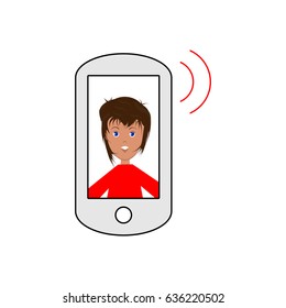 Vector image of a woman on a smartphone screen that publishes a sound, a flat icon for a social network or a website.