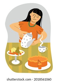 Imagen vectorial de una mujer tirando té. Cartel de afiche de la hora del té