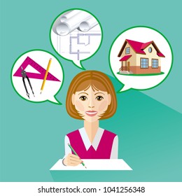 Vector image of woman in the profession of architecture with drawings, drawing tools, and image of the cottage