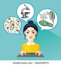 Vector image of woman in the profession of  biology with microscope