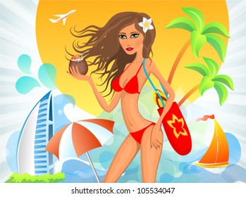 vector image of the woman in a red bikini and with cocktail