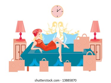 vector image of woman resting after shopping isolated on white