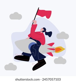 vector image of a woman riding a rocket, suitable for start-up content and mission vision
