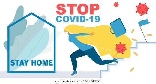 Imagen vectorial de una mujer corriendo hacia una carrera vacía. Llamado a quedarse en casa para detener la pandemia del coronavirus.