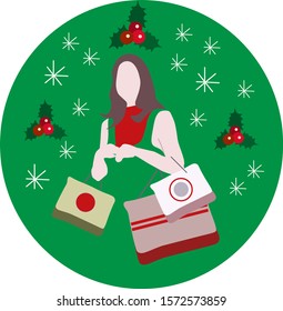 vector image of a woman shopping for christmas presents in red dress on a green background with white snowflakes and mistletoes around her