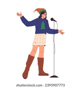 Vector image of woman singing song for merry Christmas or happy new year. Flat cartoon girl sign karaoke at winter Xmas holiday celebration. Female signer performance, entertainment for wintertime