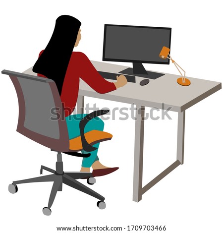 Vector image of a woman sitting at a desk backwards. Office work done at home. Sitting in front of a computer during work.
