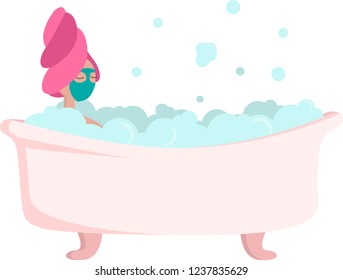 Vector image of woman taking a bath with a clay mask on. Flat design character.