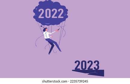 Vector image of woman trying to enter 2023 by cutting the rope of the balloon with the moon 2022