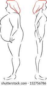 Vector image with the woman until and after slimming. Concept is weight loss / Symbol of weight loss 