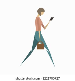 Vector image of woman walking fast and looking at the cellphone