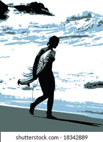 Vector image of woman walking with surfboard on the beach