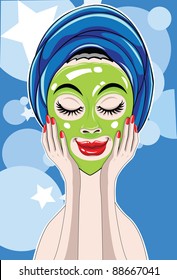 Vector image of a woman who put on face mask at a spa