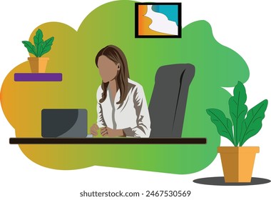 vector image of a woman working in the office with a laptop