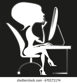 Vector image of a woman working on a computer. The girl who is studying.
