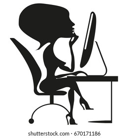 Vector image of a woman working on a computer. The girl who is studying.