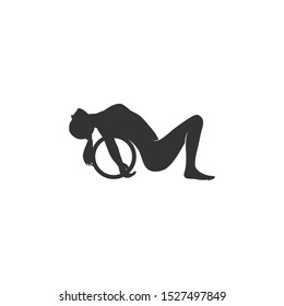 Vector image of woman yoga wheel training poses in black and white detailed illustration.