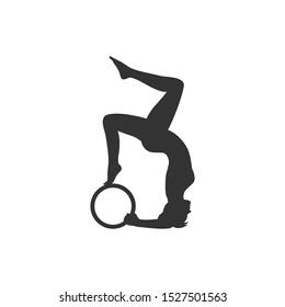 Vector image of woman yoga wheel training pose detailed in black and white illustration.