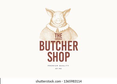 Vector image of a woman-pig in a dress in the technique of engraving and the inscription: "Butcher Shop" on light background. Template for logo, emblem in retro style. Premium quality meat products.