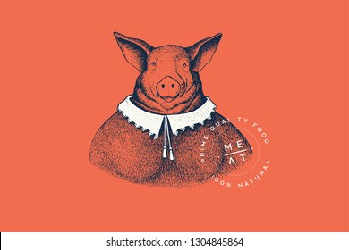 Vector image of woman-pig in a dress with a white collar in the technique of engraving on a red background. Template for logo, emblem in retro style for butcher market. Premium quality meat products.