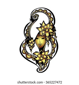 vector image of a woman's face with flowers, Venice Carnival masks