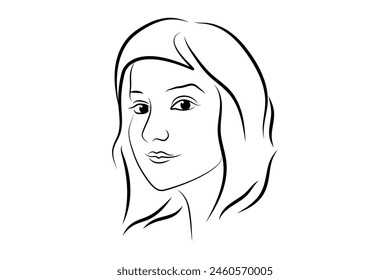 A vector image of a woman's face. The image of the head of a young, beautiful girl, outlined with a black line.  Portrait in front.