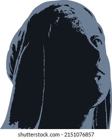 Vector image of a woman's head with a headscarf looking up at the sky. 2 colors on transparent background.
