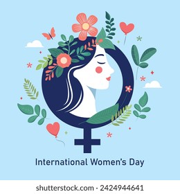 vector image of a woman's silhouette combined with a woman's symbol. then decorated with flowers and leaves which makes it look more feminine. very suitable to be used for international women's day