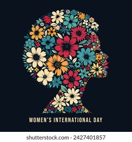 imagen vectorial de la silueta de una mujer formada de flores y hojas. todos los elementos se combinan para convertirse en un símbolo de una mujer hermosa y grande. se puede utilizar para las celebraciones del día internacional de la mujer